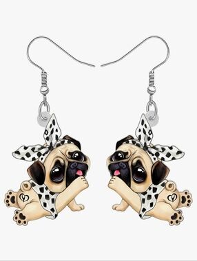 Hand Crafted Cute Pug Puppy Dangle Earrings – Black & Cream Pug Design